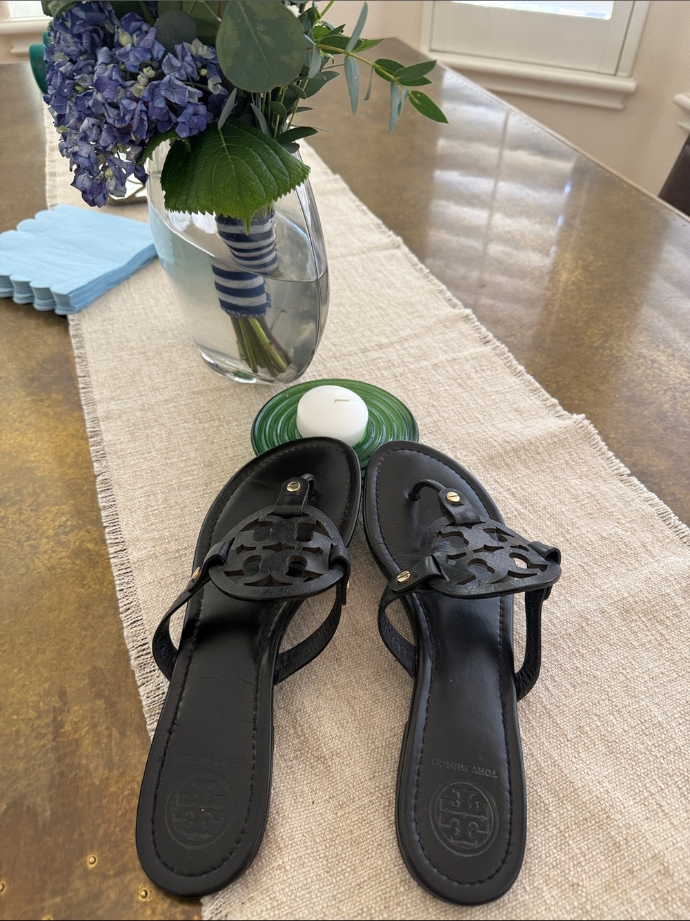 Tory Burch Black Leather Miller Logo Thong Sandals